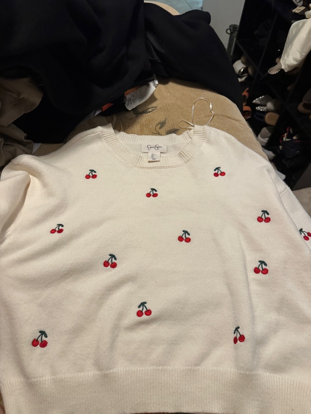 Jessica Simpson Cream Crewneck Sweater with Red Cherry Embroidery - Picture 7 of 8